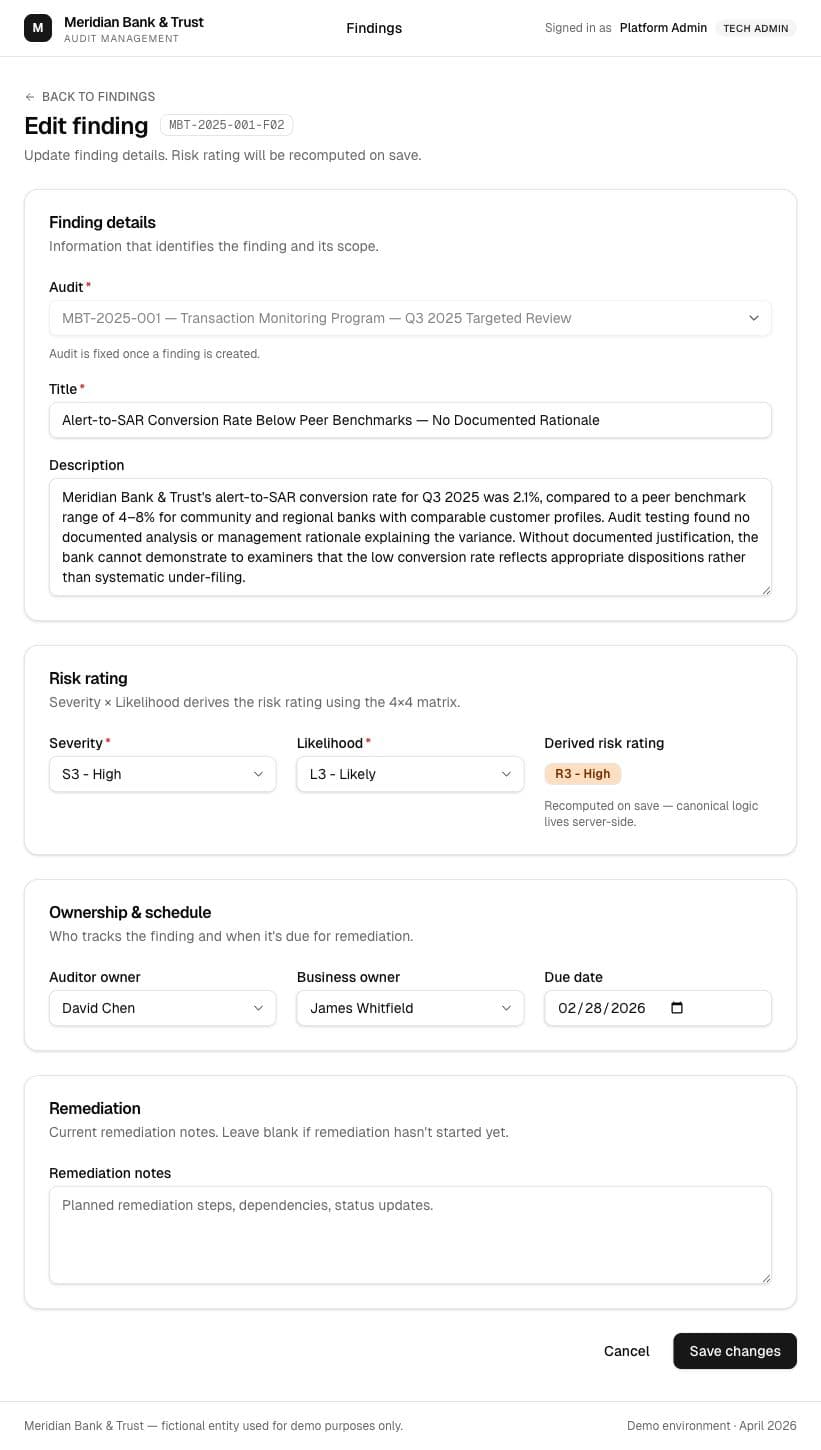 Edit finding form with structured fields for title, description, risk rating, ownership, and remediation notes.
