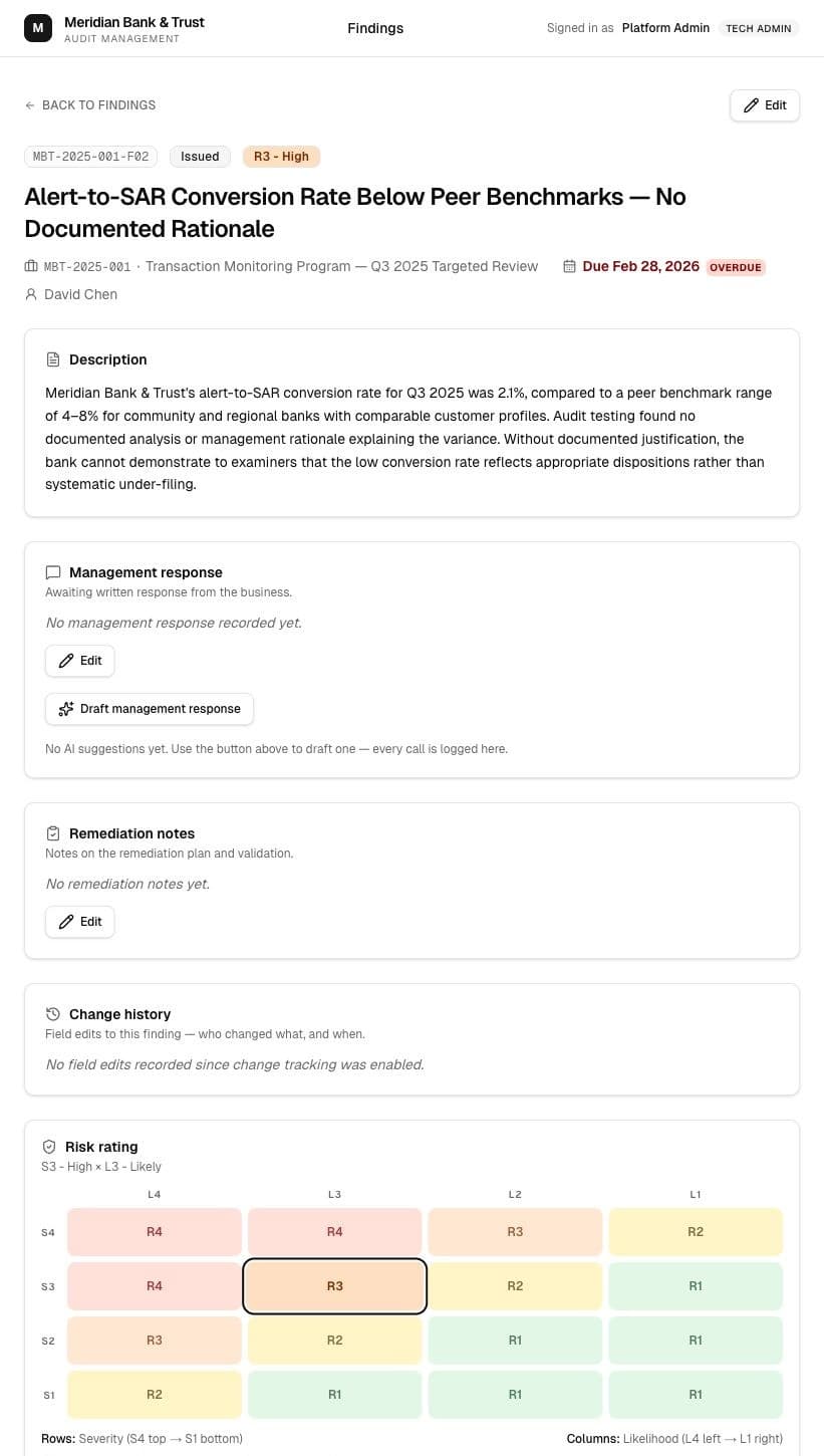 Finding detail page for an issued alert-to-SAR conversion finding with management response and risk matrix sections.