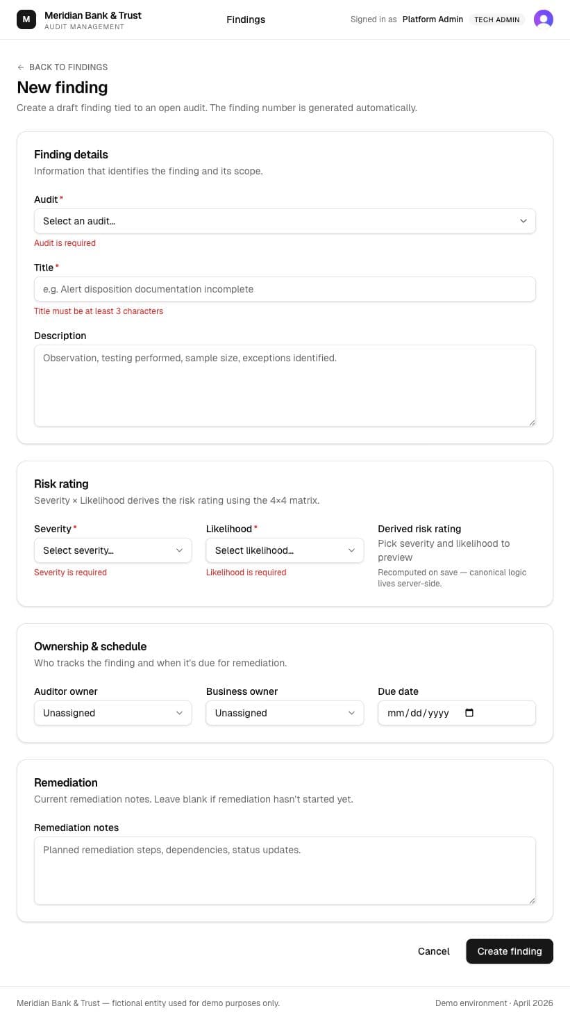 New finding form displaying required-field validation messages.