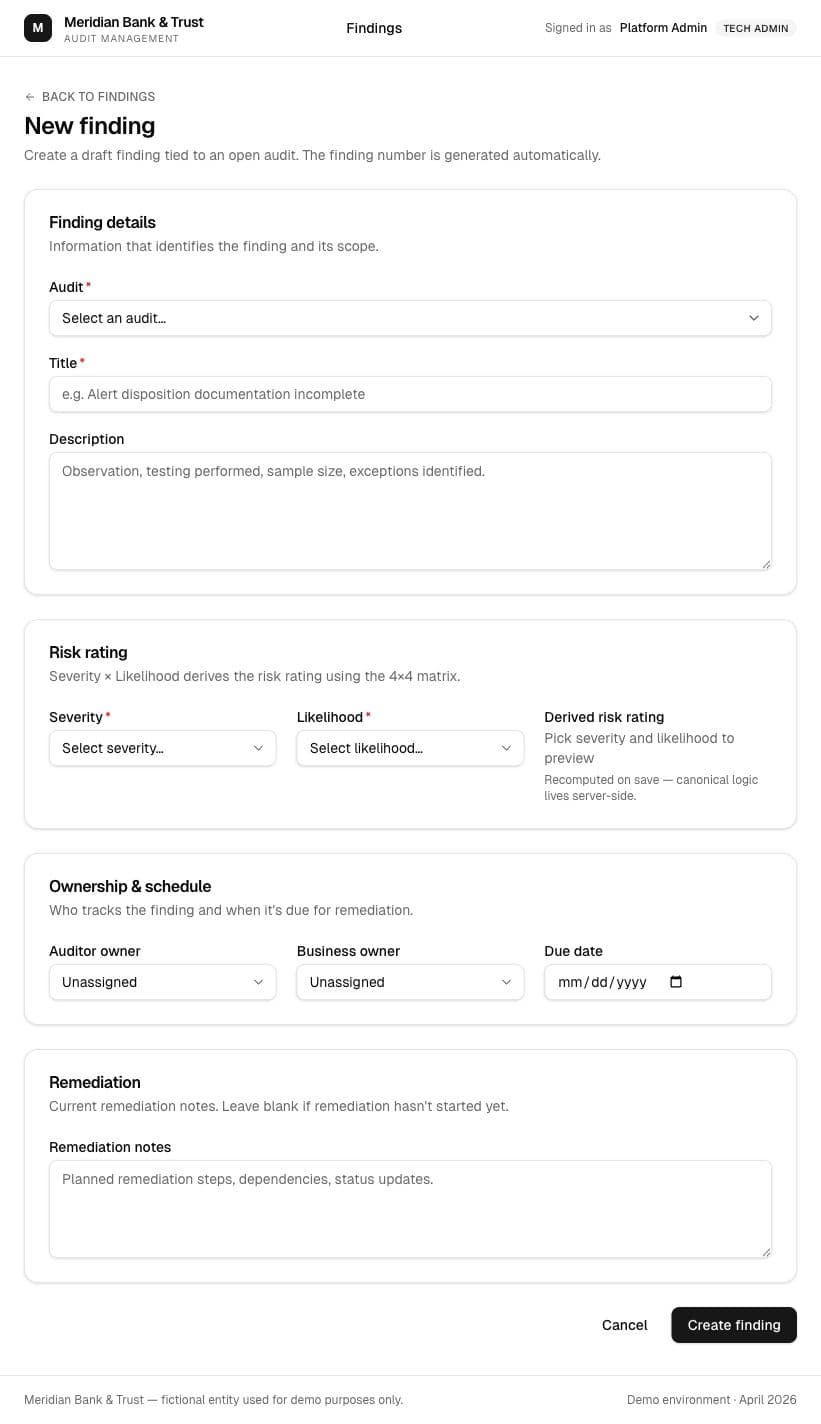 New finding form with audit, title, description, risk rating, owner, due date, and remediation fields.