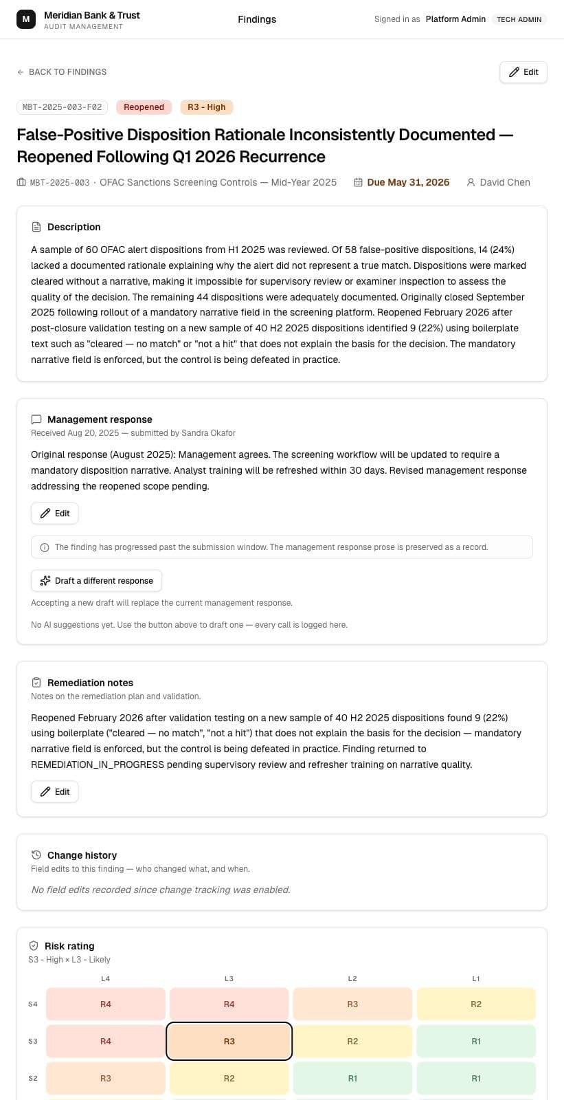 Reopened finding detail page preserving original response, reopened remediation context, and risk rating.