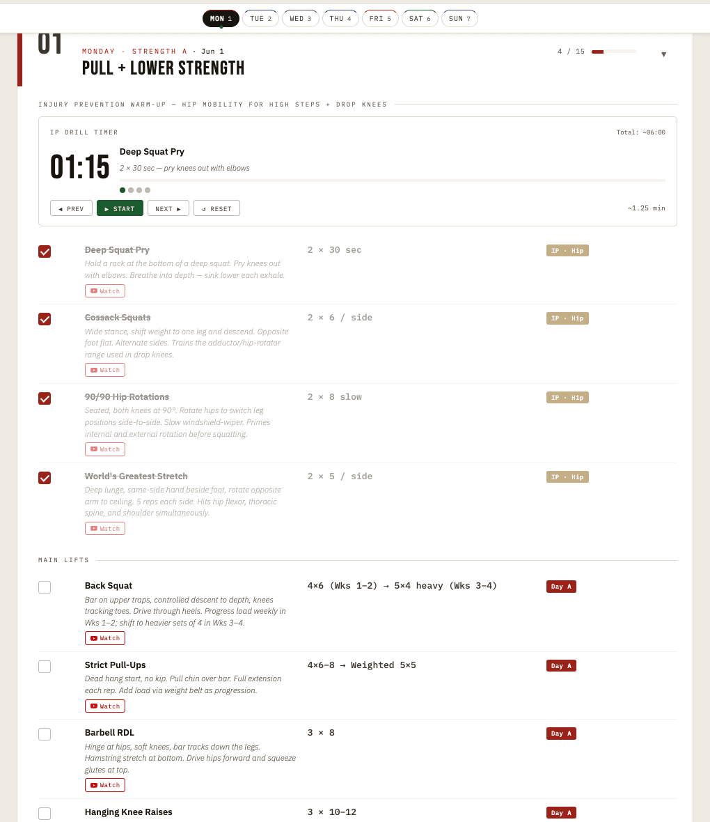 Daily climbing workout checklist with injury-prevention timer, completed warm-up items, exercise rows, and YouTube reference links.