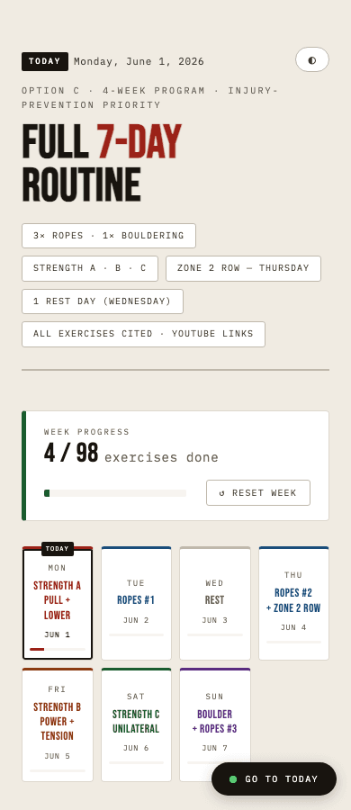 Mobile view of the climbing workout routine showing the title, progress control, week overview, and filter chips.