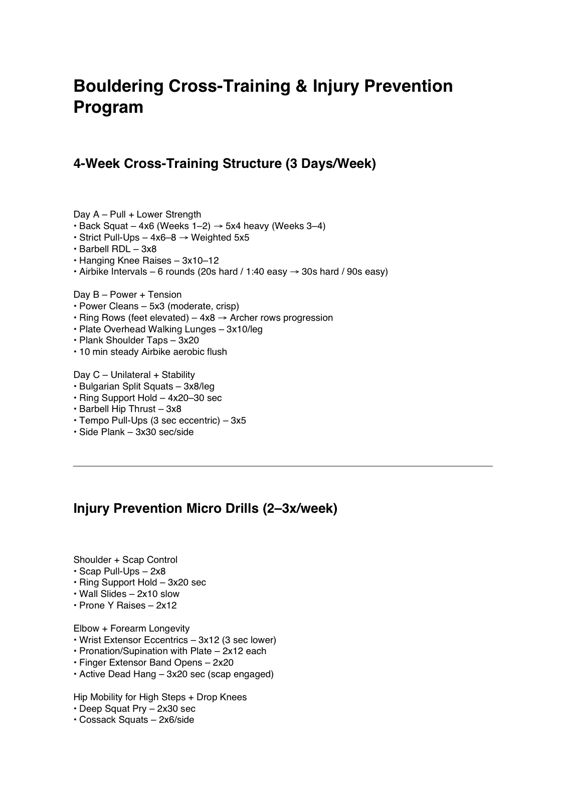 Screenshot of the source PDF showing a bouldering cross-training program with three workout day types and injury-prevention drills.